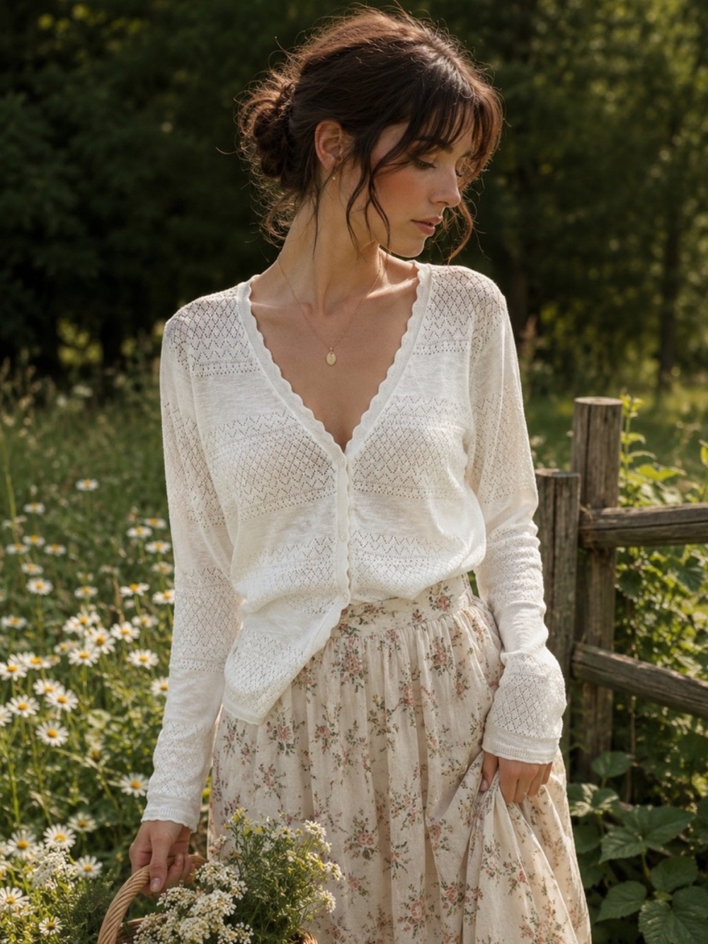 FRYE WOMEN'S POINTELLE KNIT BUTTON FRONT CARDIGAN LONG SLEEEVE IVORY CREAM